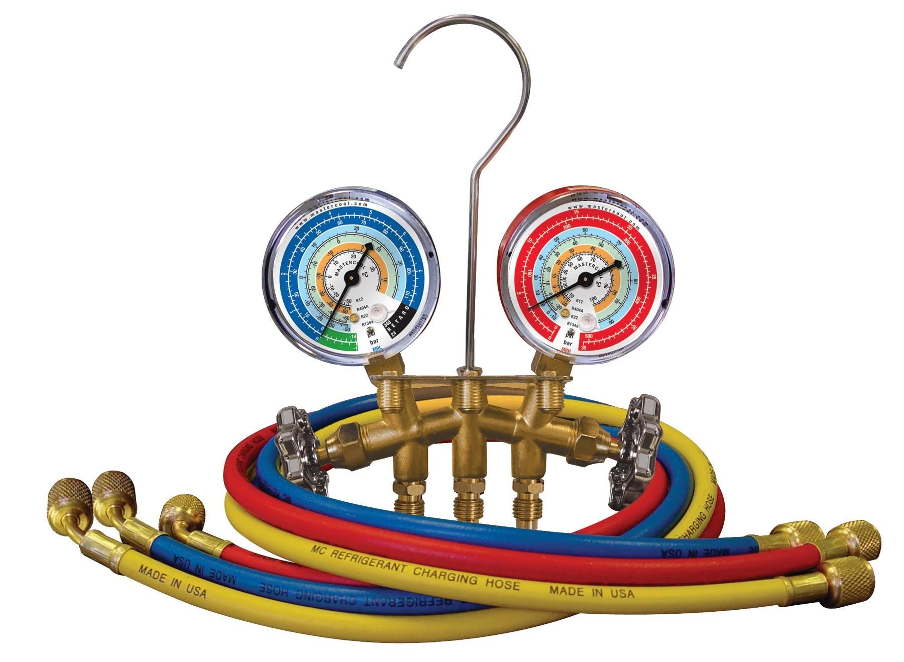 Mastercool 33661-MR Brass R134a Manifold 63mm Gauges + 3x150cm Hoses - MastercoolTools.com 