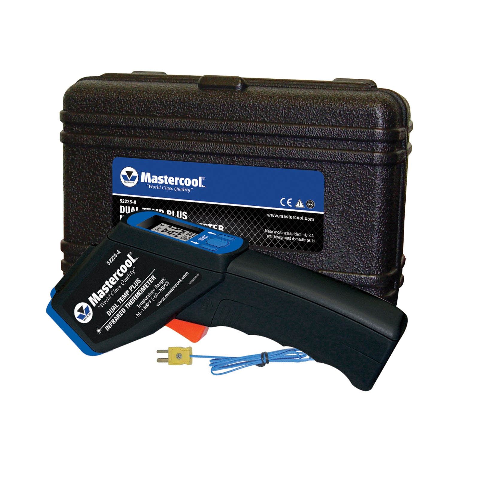 Mastercool dual infrared thermometer with carrying case on a white background