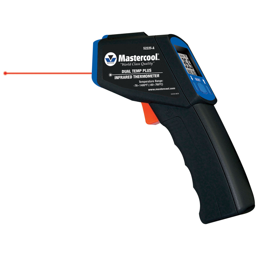 Infrared thermometer with red laser pointer on a white background, branded as Mastercool.