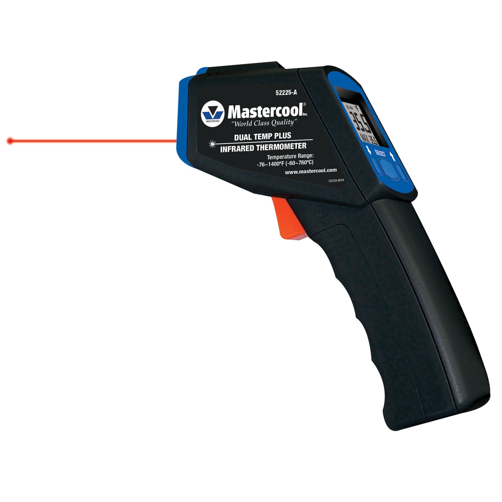 Infrared thermometer with red laser pointer on a white background, branded as Mastercool.