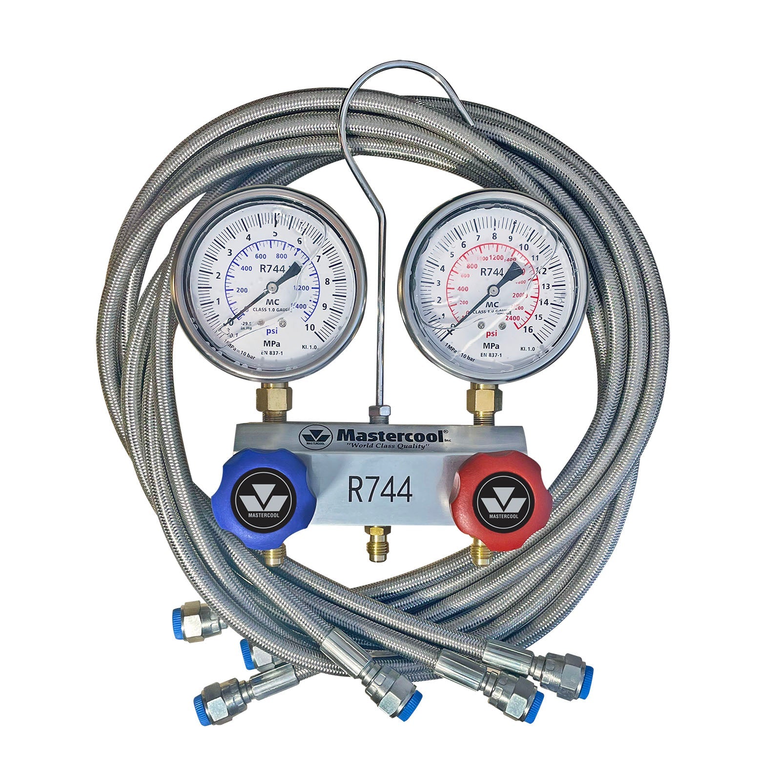 Mastercool 55661-A R744 CO2 Aluminium Manifold Class 1.0 Gauges 3×150cm Hoses - MastercoolTools.com 