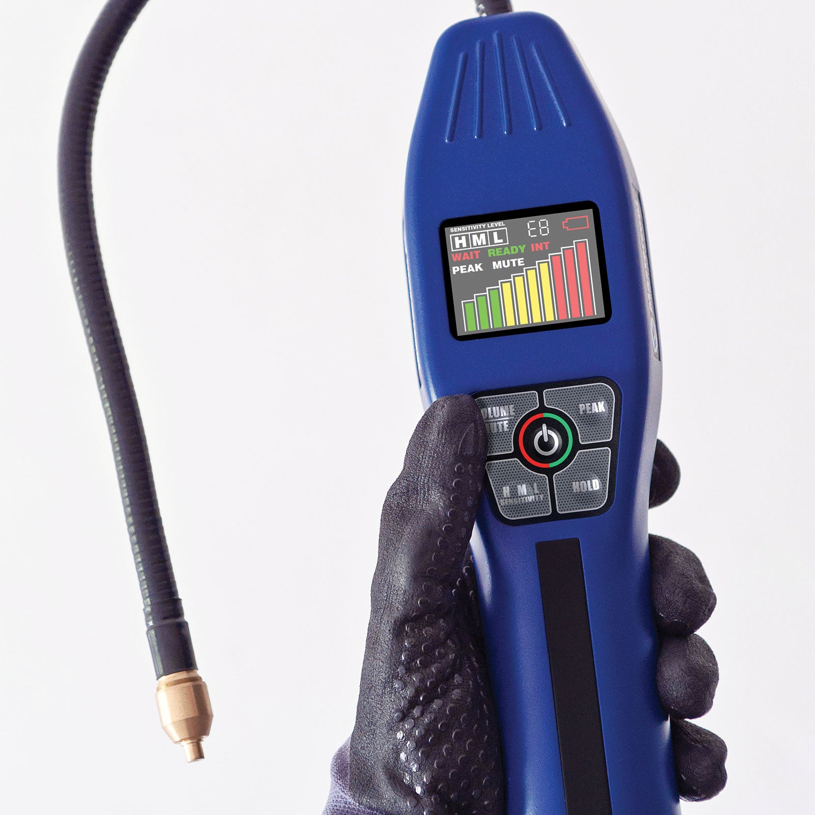Blue digital device held by a gloved hand with a white background