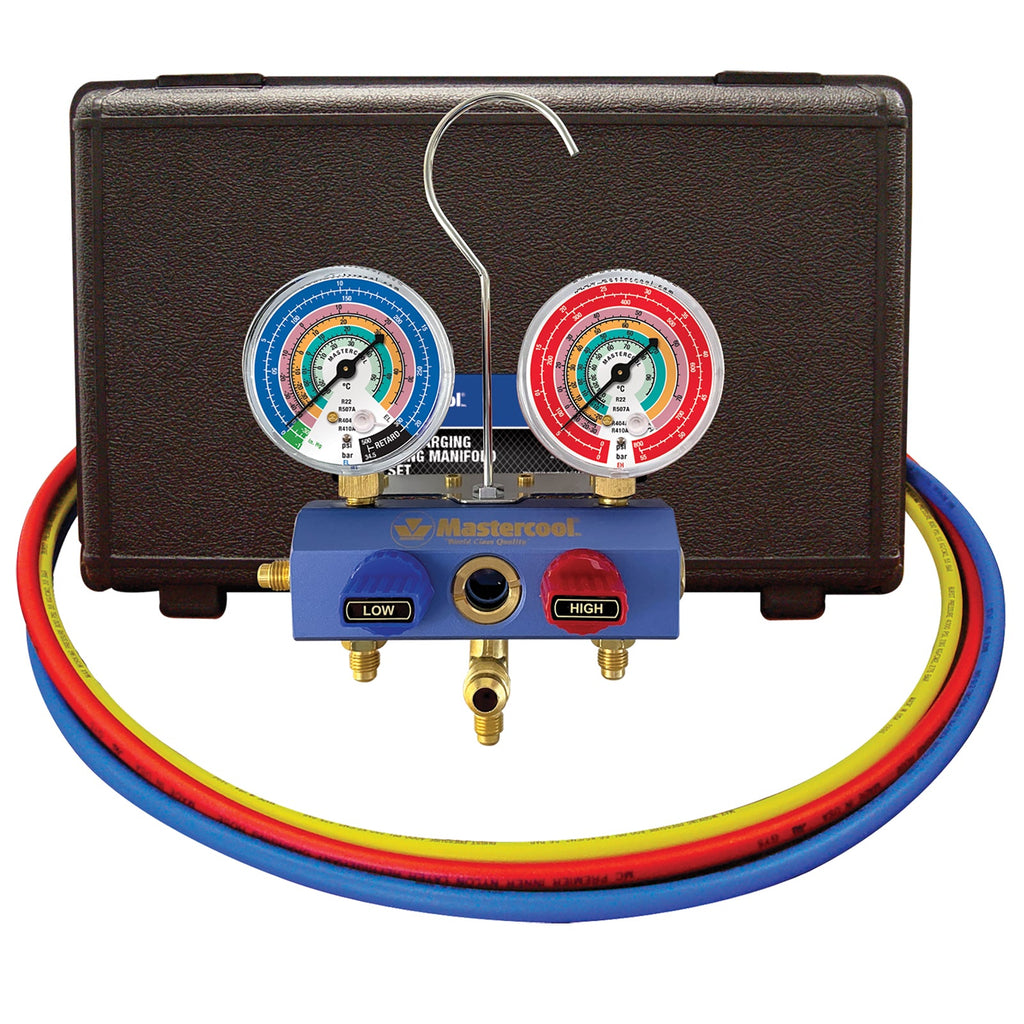Mastercool 57261-E-413 — R410A 63mm 3/8" 150cm Hoses 5/16" Adapters - MastercoolTools.com 