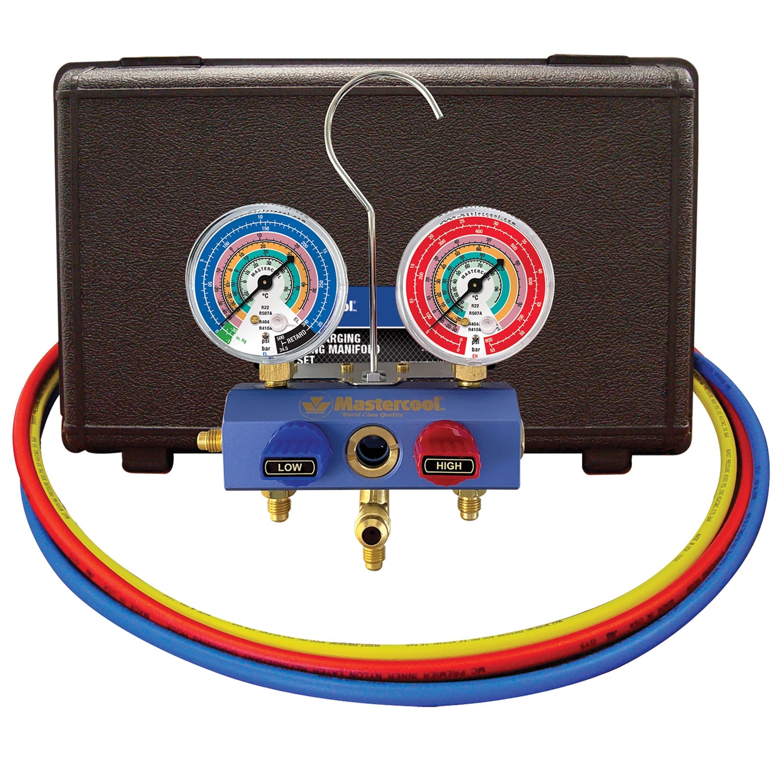 Mastercool 57261-E-413 — R410A 63mm 3/8" 150cm Hoses 5/16" Adapters - MastercoolTools.com 