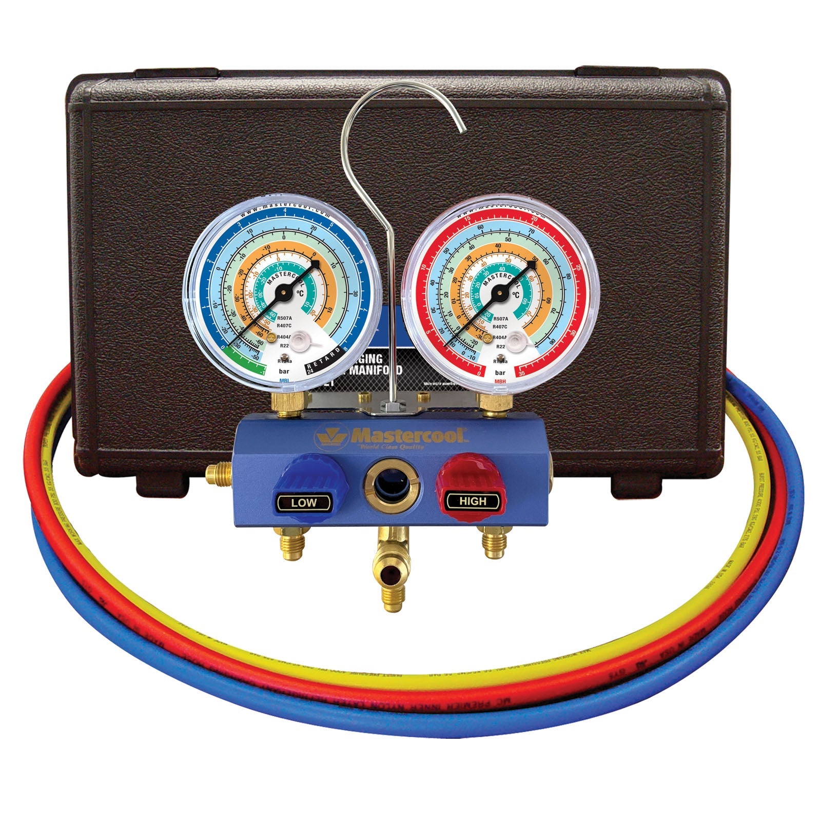 Mastercool 57236-MB-E — 2-Valve Manifold R134a 80mm 90cm End Valves - MastercoolTools.com 