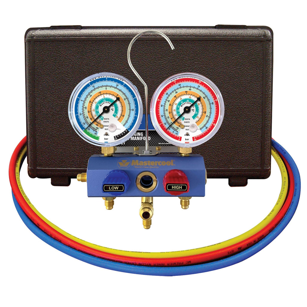 Mastercool 57236-MB-E — 2-Valve Manifold R134a 80mm 90cm End Valves - MastercoolTools.com 