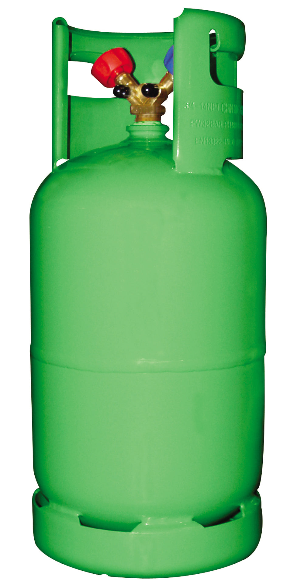 Green propane tank with a red cap on a white background