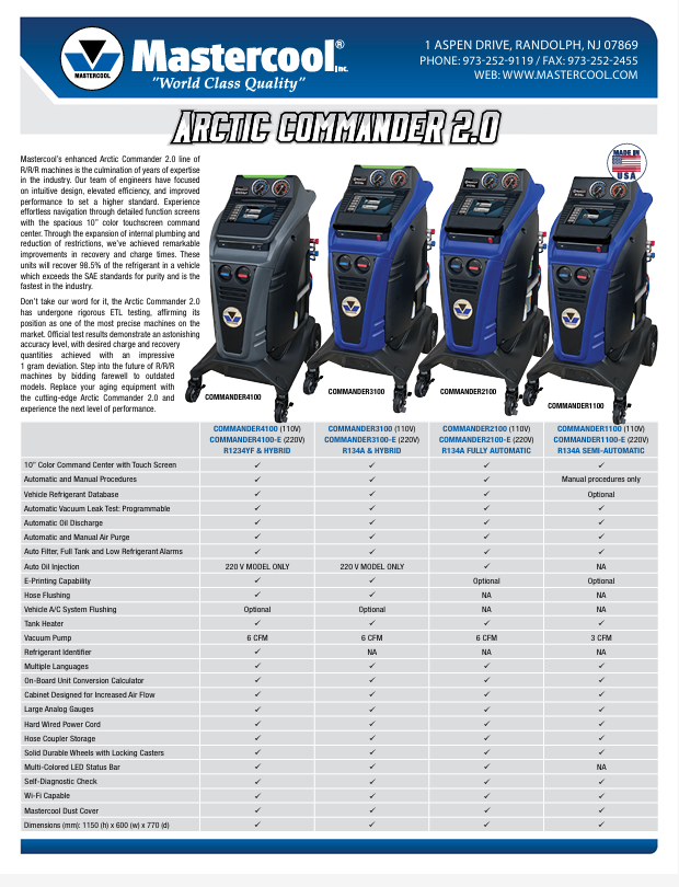 Mastercool COMMANDER2100 R134a Fully Automatic RRR Machine Arctic - MastercoolTools.com 