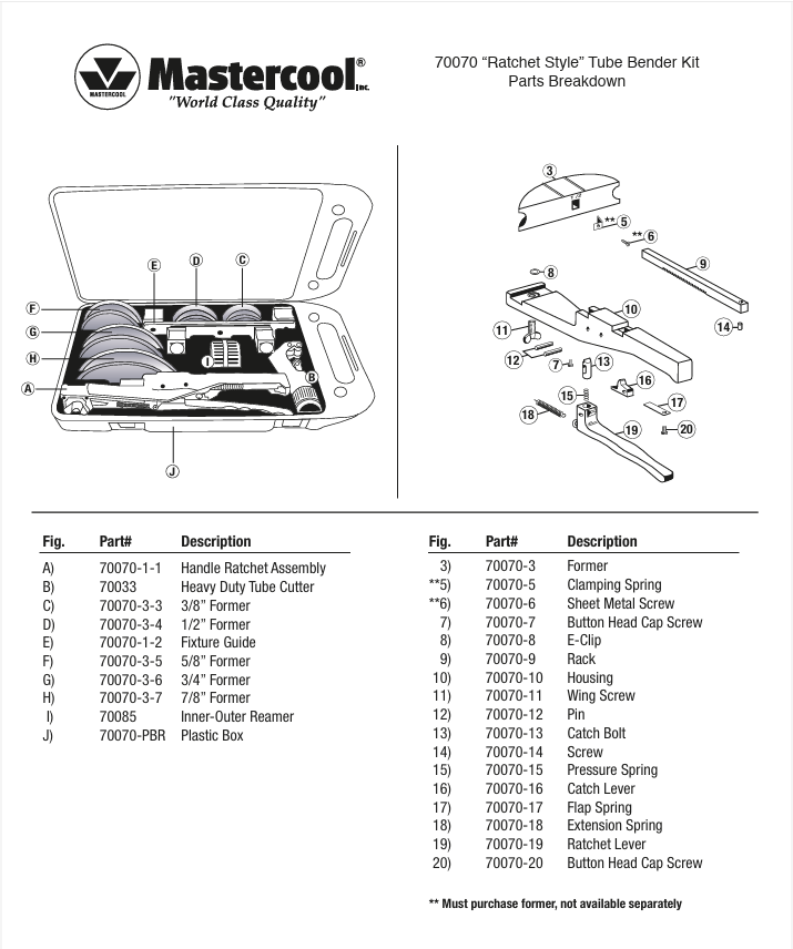 Mastercool 70070-9 Ratchet Tube Bender Rack 3/8-7/8" Replacement - MastercoolTools.com 