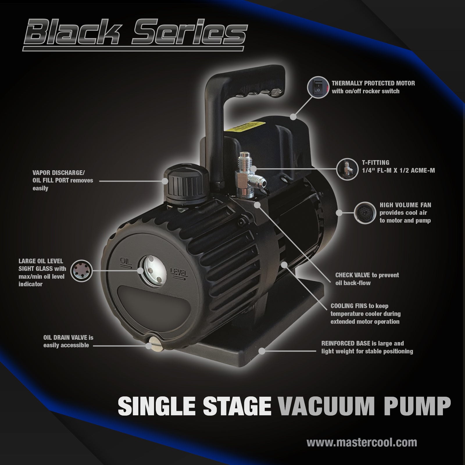 Mastercool 90059-220-BL — Black Series Economy Vacuum Pump 1-Stage 42 lit/min 50Hz - MastercoolTools.com 