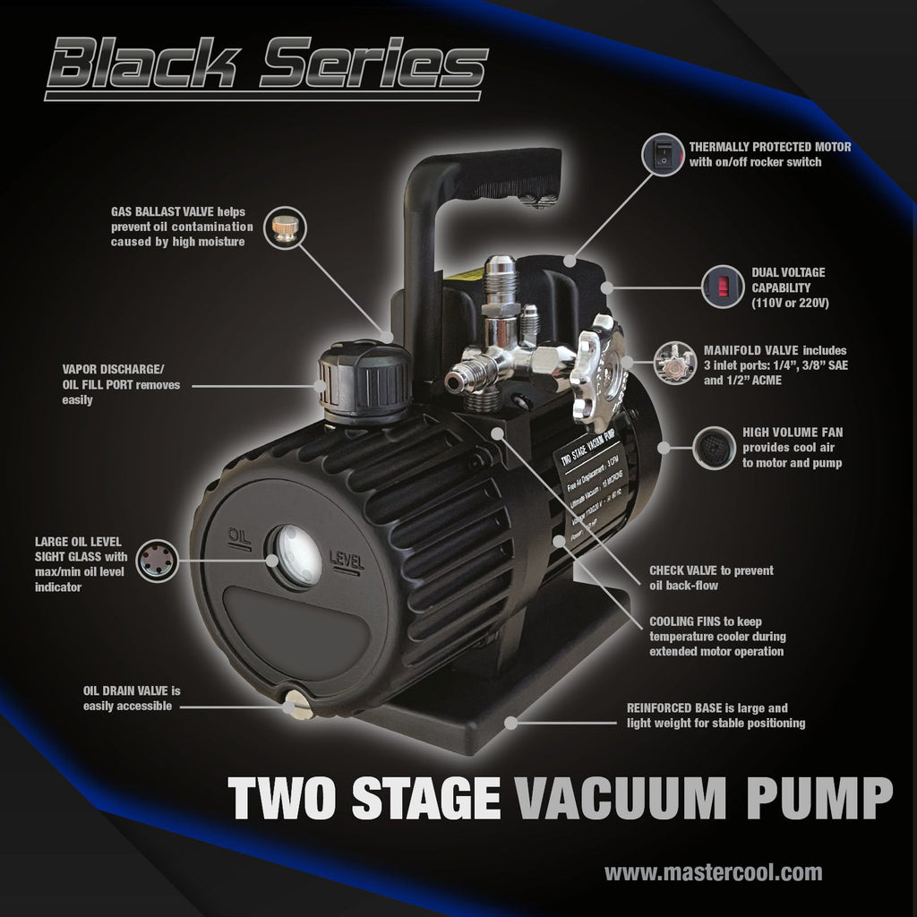 Mastercool 90063-2V-220-BL — Black Series 2-Stage Vacuum Pump 70 lit/min 50Hz 1/3 HP - MastercoolTools.com 