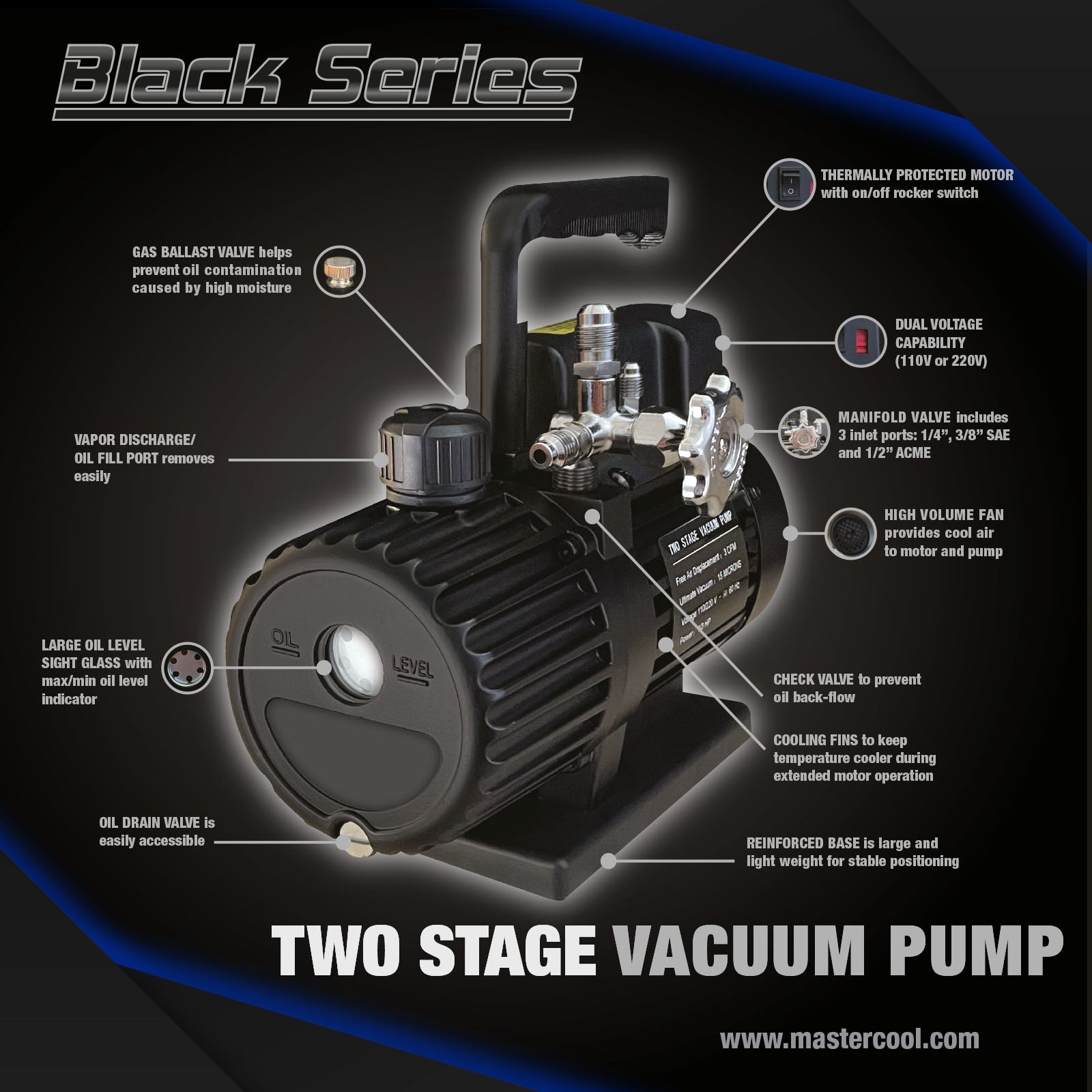 Mastercool 90063-2V-220-BL — Black Series 2-Stage Vacuum Pump 70 lit/min 50Hz 1/3 HP - MastercoolTools.com 