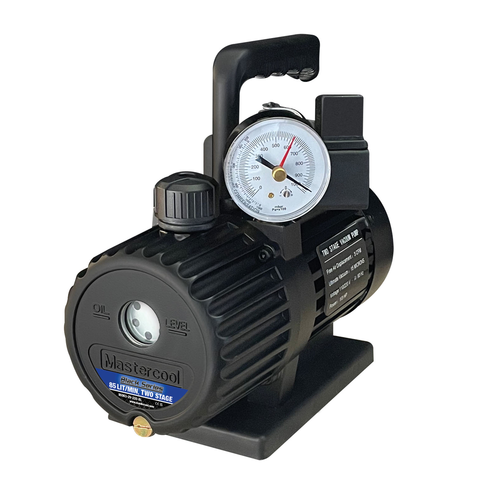 Mastercool 90063-2V-220SVBL — Black Series 2-Stage Vacuum Pump 70 lit/min with Solenoid Valve - MastercoolTools.com 