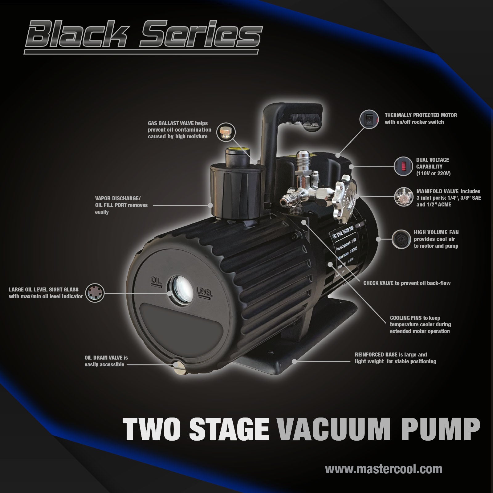 Mastercool 90068-2V-220-BL Black Series 8 CFM Vacuum Pump 2-Stage - MastercoolTools.com 