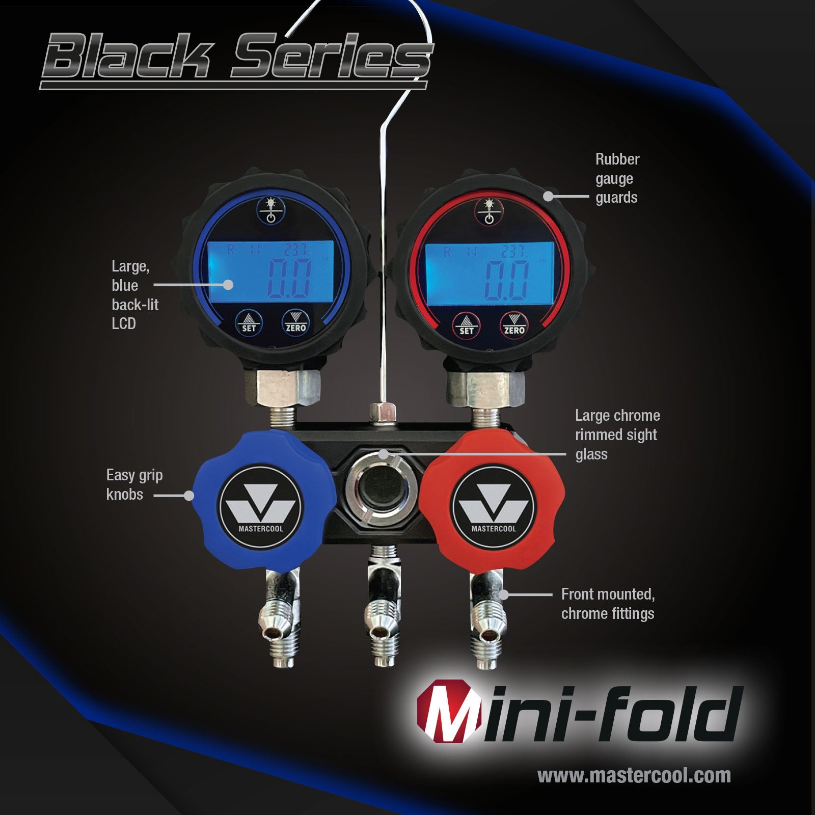 Mastercool 94261-413-E — Black Series Digital MINIFOLD 150cm 5/16" Adapters - MastercoolTools.com 