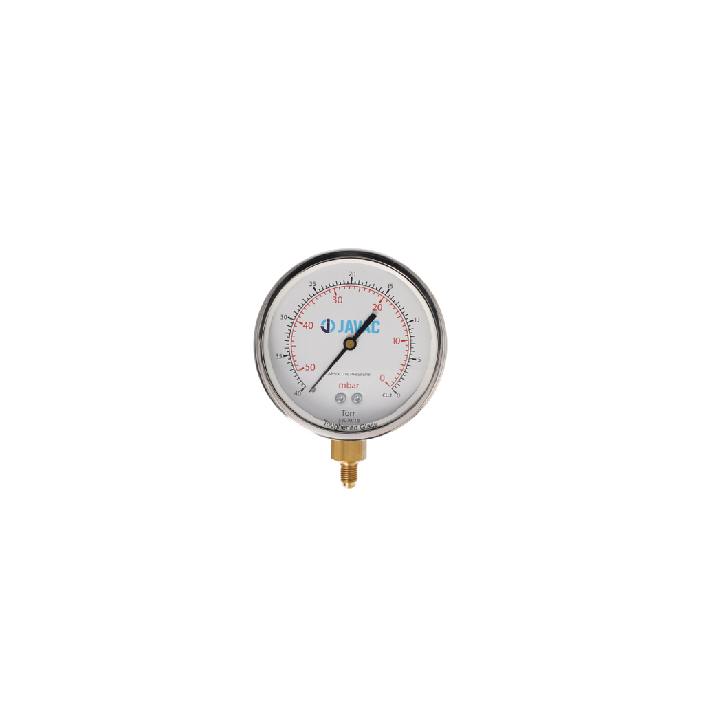 Javac CR2-40 Analogue Vacuum Gauge 0-40 Torr | 100mm | 1/4" Flare | Stainless Steel