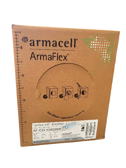 Cardboard box with 'armacell ArmaFlex' branding on a blurred background
