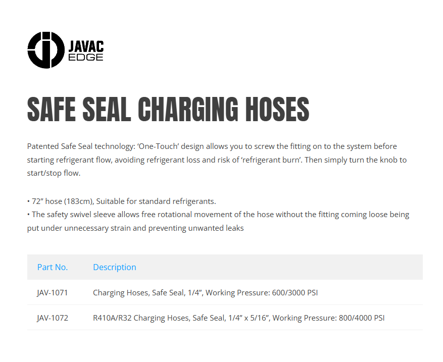 JAV-1072 R410A/R32 Safe Seal Charging Hoses 72" 1/4"x5/16" 800/4000 PSI
