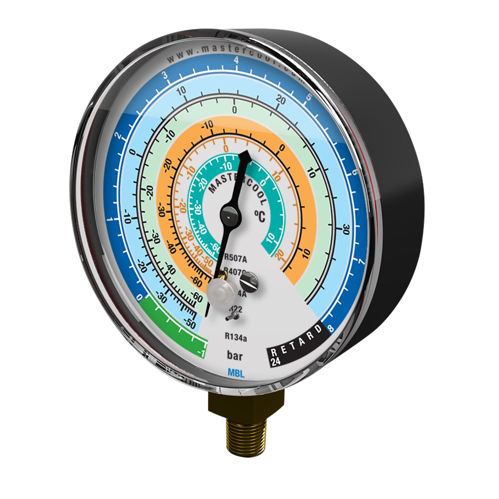 Mastercool MRBL Low Side Replacement Gauge – R134a, R22, R12, R404A – BAR/PSI/°C