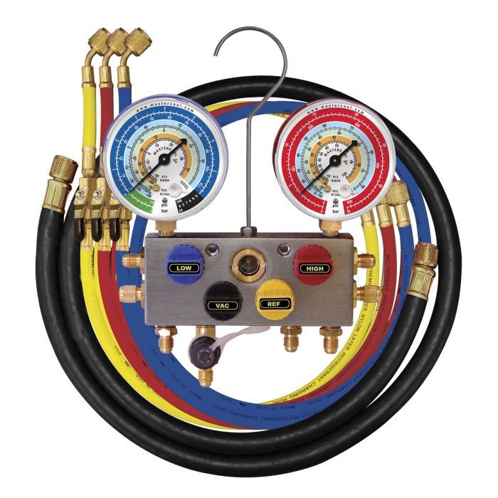 Mastercool 96272-EB 4-Way Ball Valve Manifold Gauge Set for R410A R407C R22 - 80mm Gauges