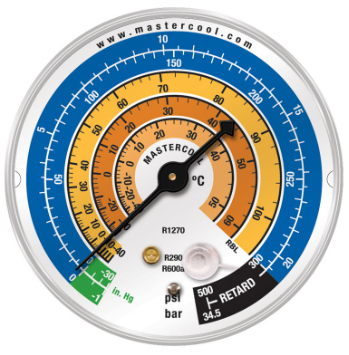 Mastercool RBL — Gauge 80mm, LP, Psi/Bar/°C, R1270-R290-R600a - MastercoolTools.com 