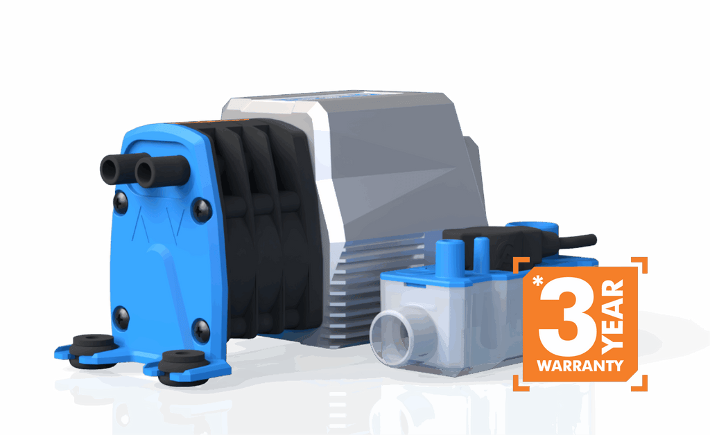 Mechanical device with blue and black components on a gray background, featuring a 3-year warranty badge. MaxiBlue® V2 — the next generation in BlueDiamond®’s trusted pump range. Powered by enhanced Rotary Diaphragm technology, this cutting-edge model combines a lighter, more efficient design with intelligent features like a smart control board for real-time monitoring and adaptive condensate management. Its clog-resistant, filter-free architecture and CondenSense™ technology in the reservoir allow the pump
