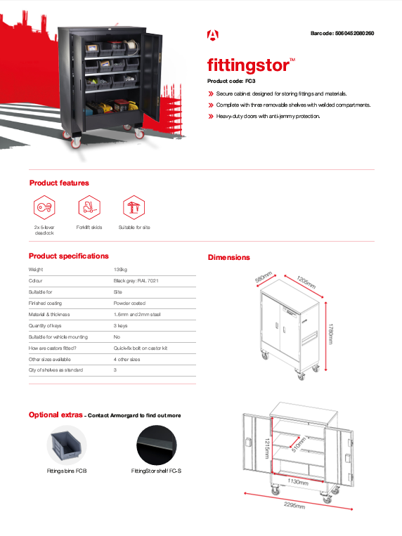 Armorgard FittingStor FC3 خزانة تركيبات متنقلة آمنة | 1200 × 600 × 1750 مم