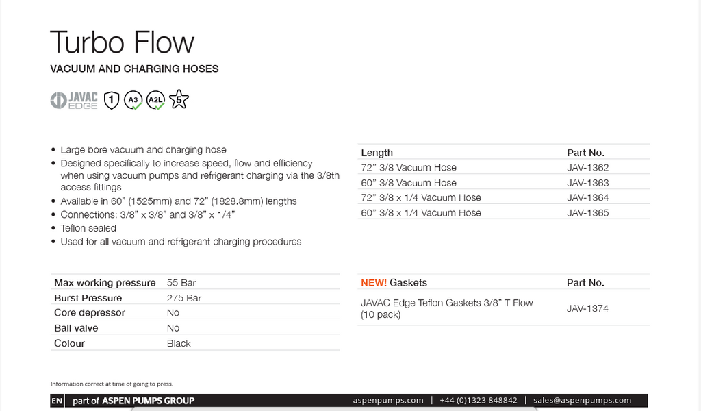 Javac EDGE Turbo Flow Vacuum and Charging Hose 72" 3/8" x 1/4"