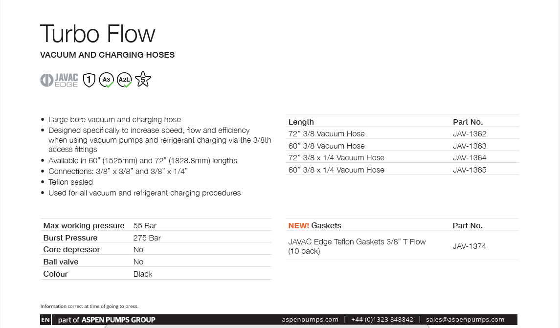 Javac EDGE Turbo Flow 3/8 x 1/4 Vacuum and Charging Hose 72"