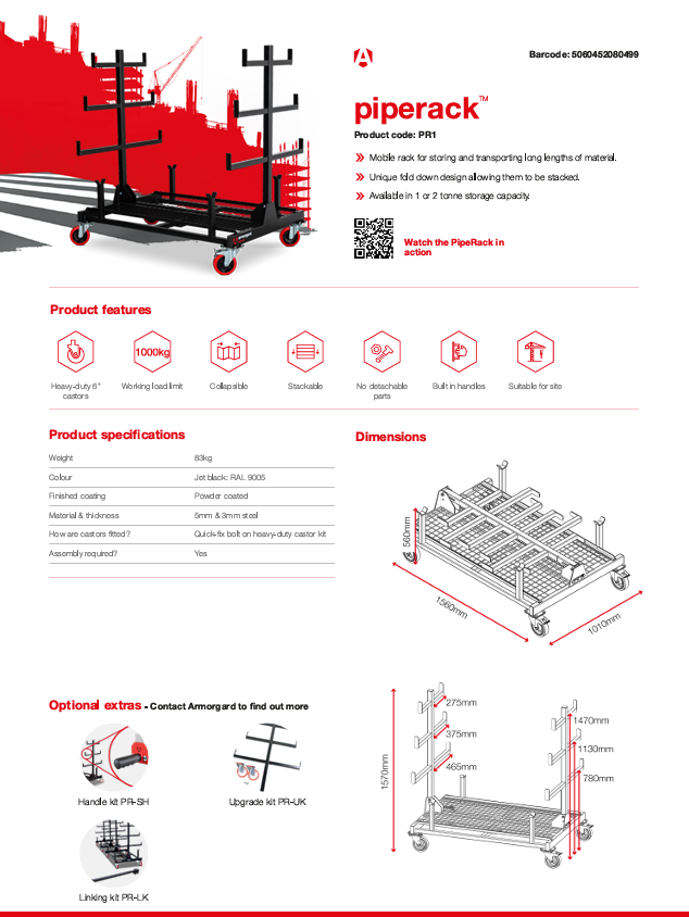 Armorgard PipeRack PR1 1 Tonne Mobile Pipe & Conduit Storage Rack | 1560 x 1010 x 1570mm