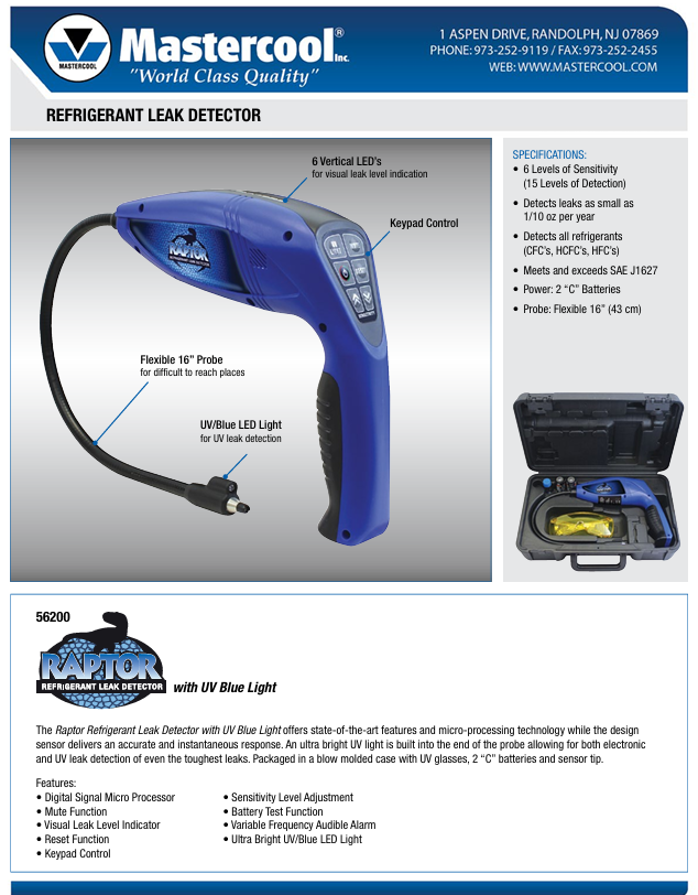 Mastercool 56200 Raptor Electronic Refrigerant Leak Detector with UV/Blue Light