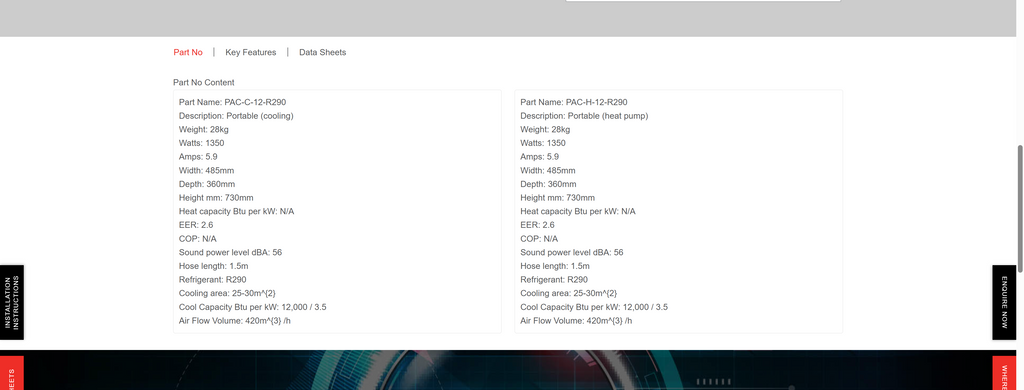 Technical specifications table for a product on a website