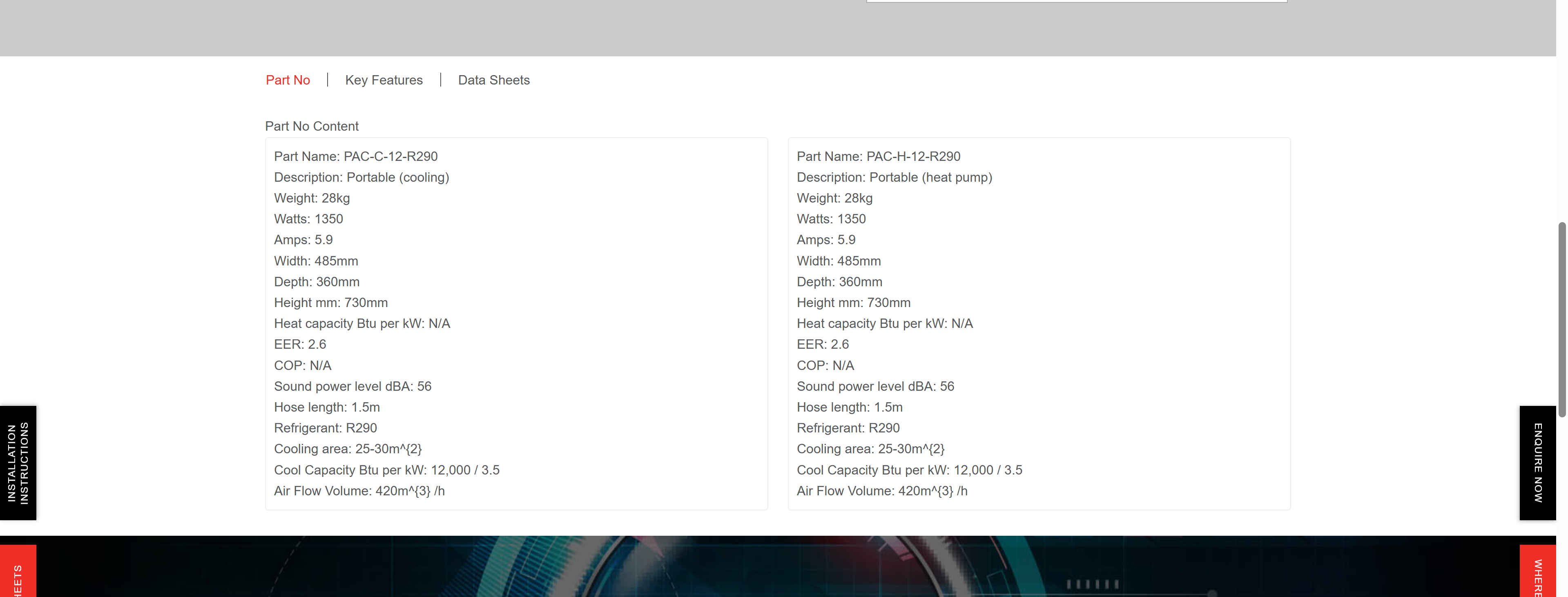 Technical specifications table for a product on a website