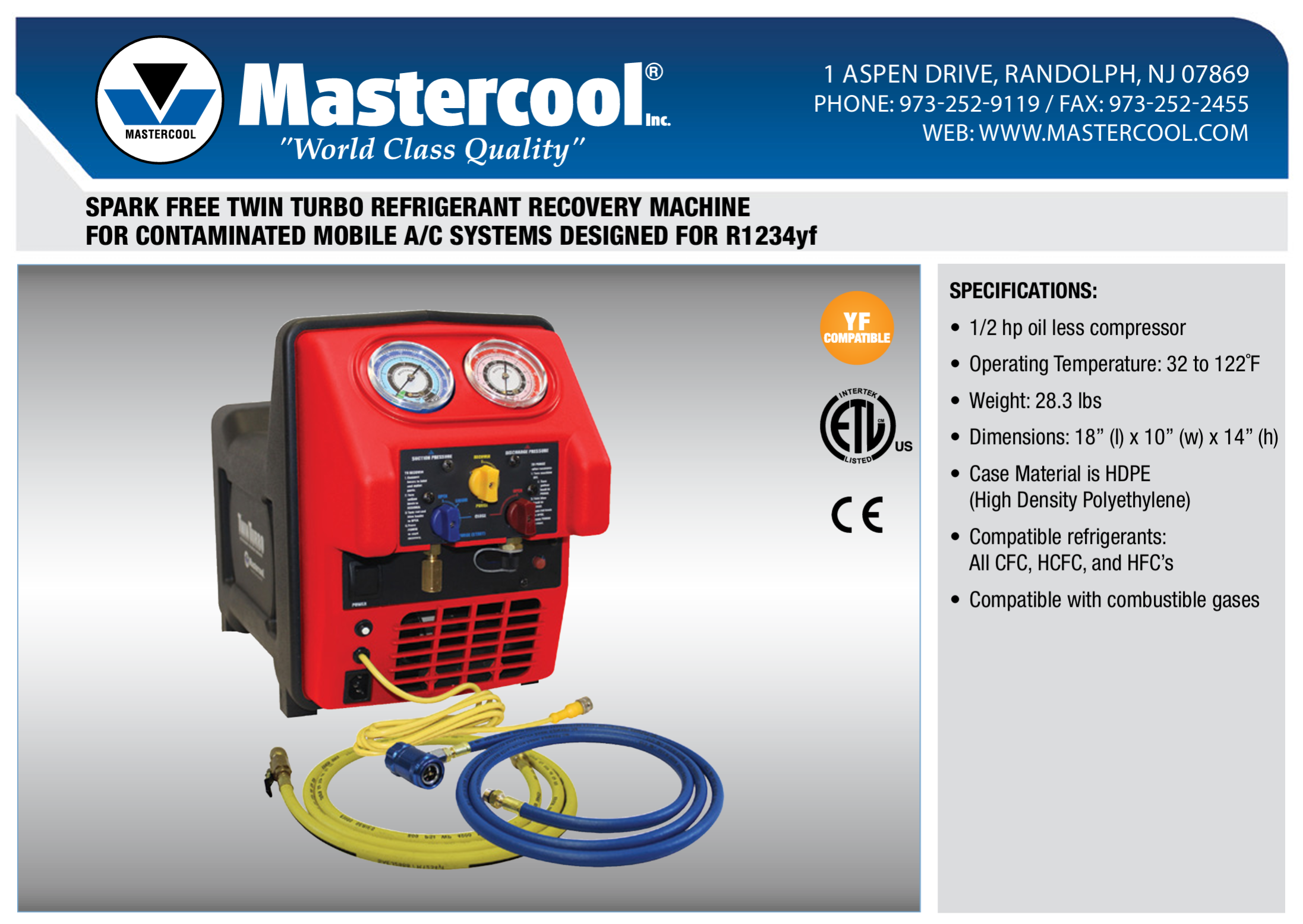 Mastercool 69390-220 Spark Free Twin Turbo Refrigerant Recovery Machine | R1234yf