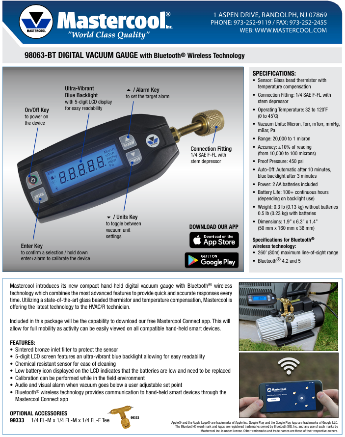 Mastercool 98063-BT Digital Bluetooth Vacuum Gauge for HVAC Evacuation