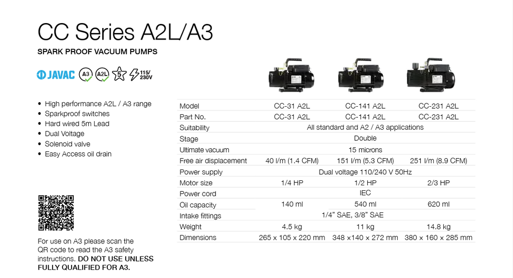 Javac CC-231-A2L 8.9 CFM Double Stage A2L/A3 Spark Proof Vacuum Pump 240V