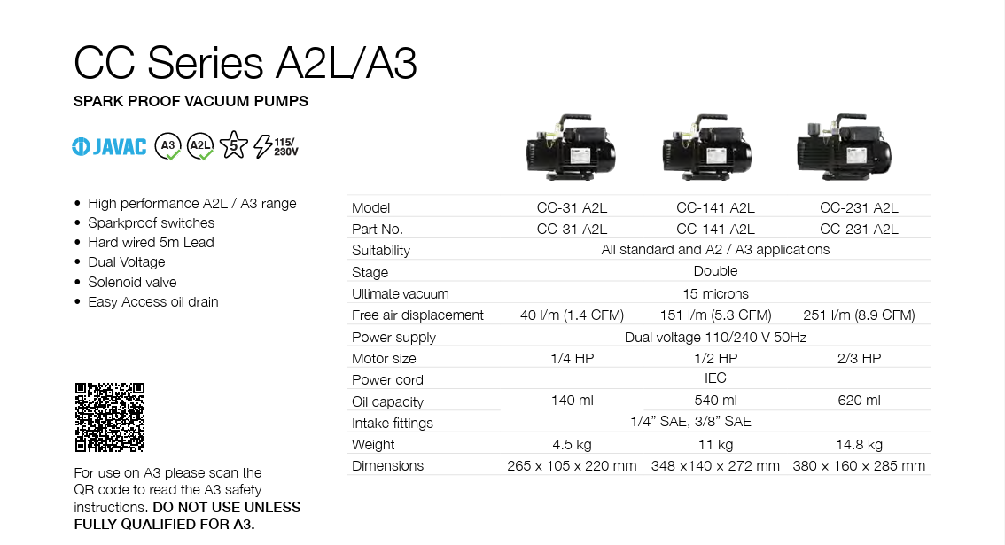 Javac CC-231-A2L 8.9 CFM Double Stage A2L/A3 Spark Proof Vacuum Pump 240V