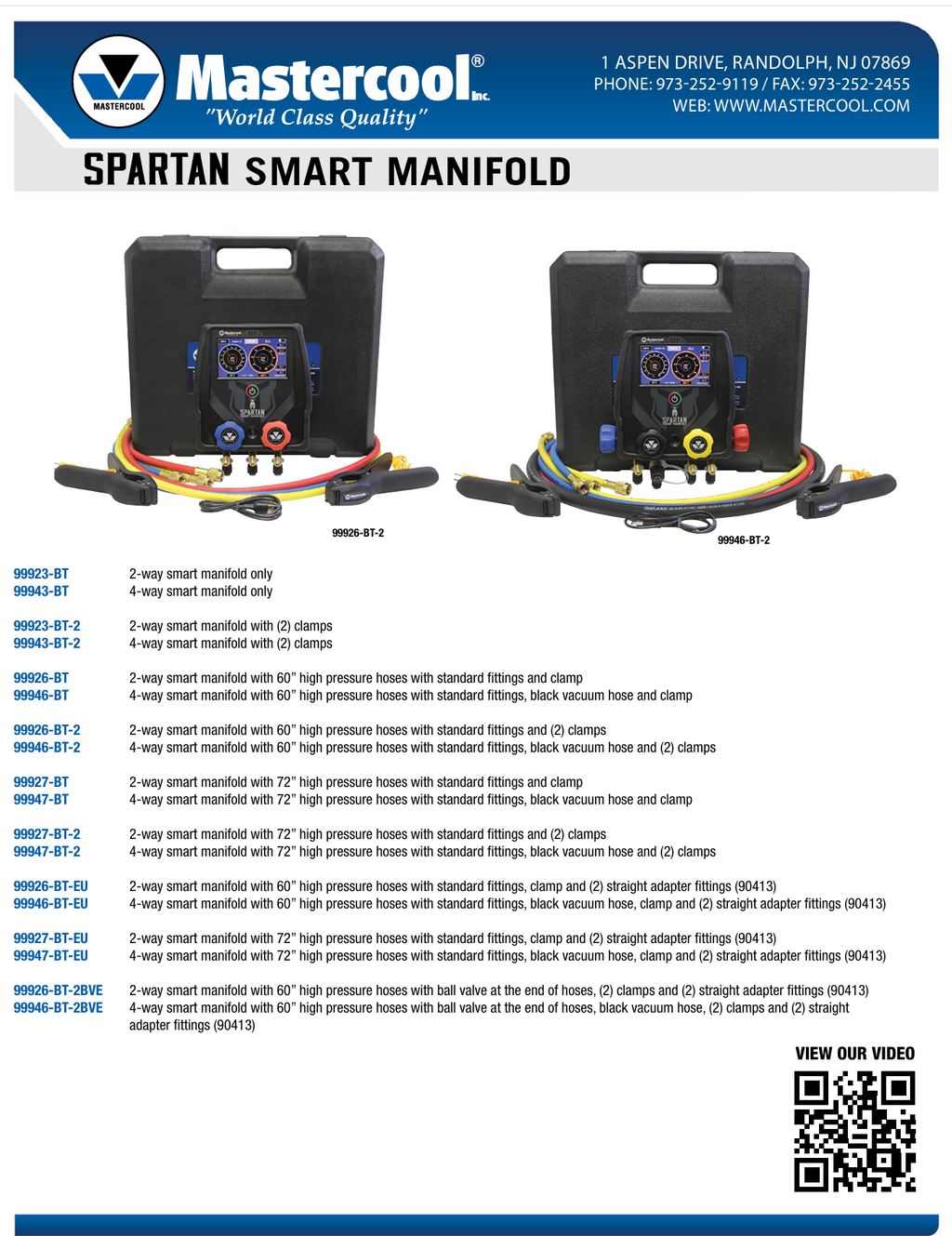 Mastercool 99946-BT Spartan 4-Way Smart Manifold | Bluetooth | 60" Hoses | Black Vacuum Hose & Clamp