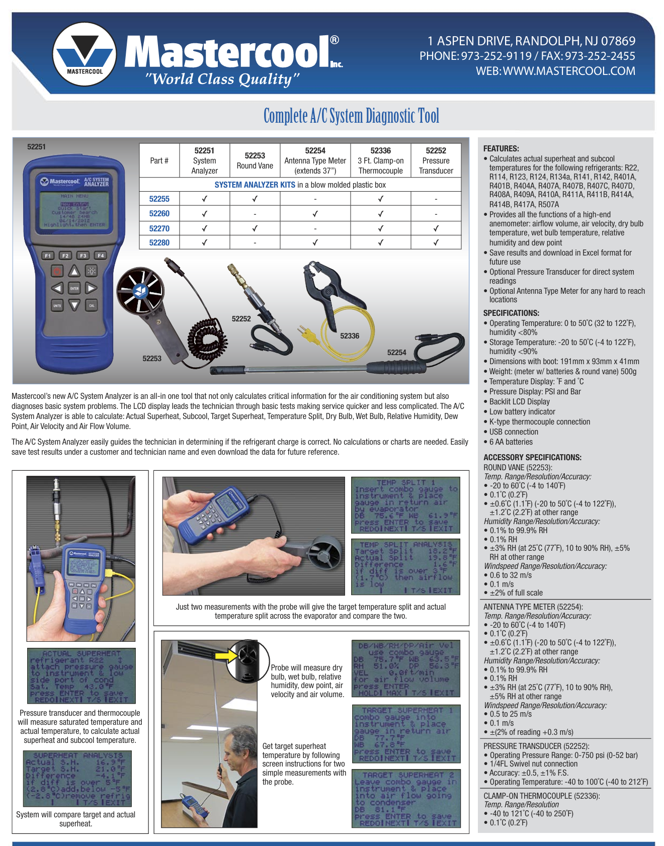 Mastercool 52255 A/C System Analyzer Kit | System Analyzer + Round Vane + Clamp-on Thermocouple