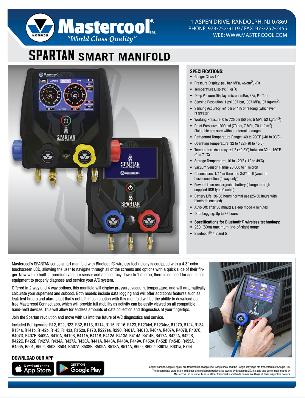 Mastercool 99946-BT-2 Spartan 4-Way Smart Manifold | Bluetooth | 4.3" Touchscreen | Built-in Vacuum Sensor