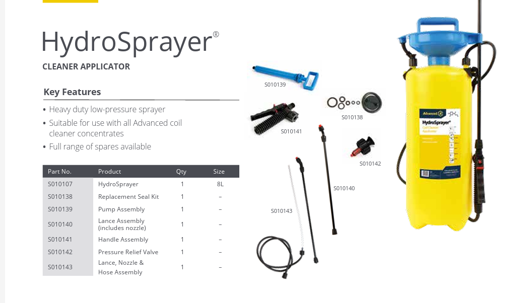 HydroSprayer spare parts diagram showing S010141 Handle Assembly and full range