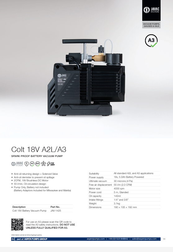 Javac COLT 18V A2L/A3 Spark Proof Cordless Battery Vacuum Pump JAV-1425
