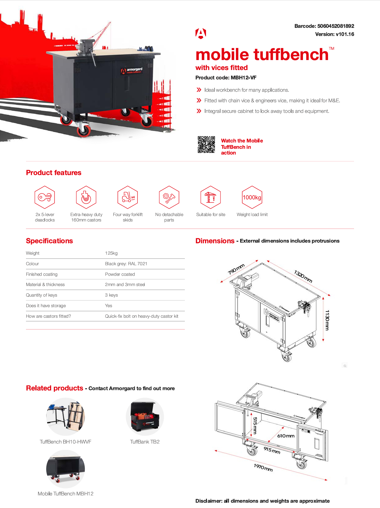 Armorgard MBH12-VF Mobile TuffBench with Vices Fitted | 1000kg