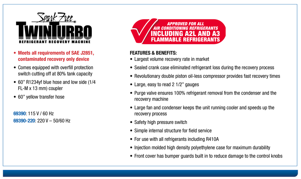 Mastercool 69390-220 Spark Free Twin Turbo Refrigerant Recovery Machine | R1234yf