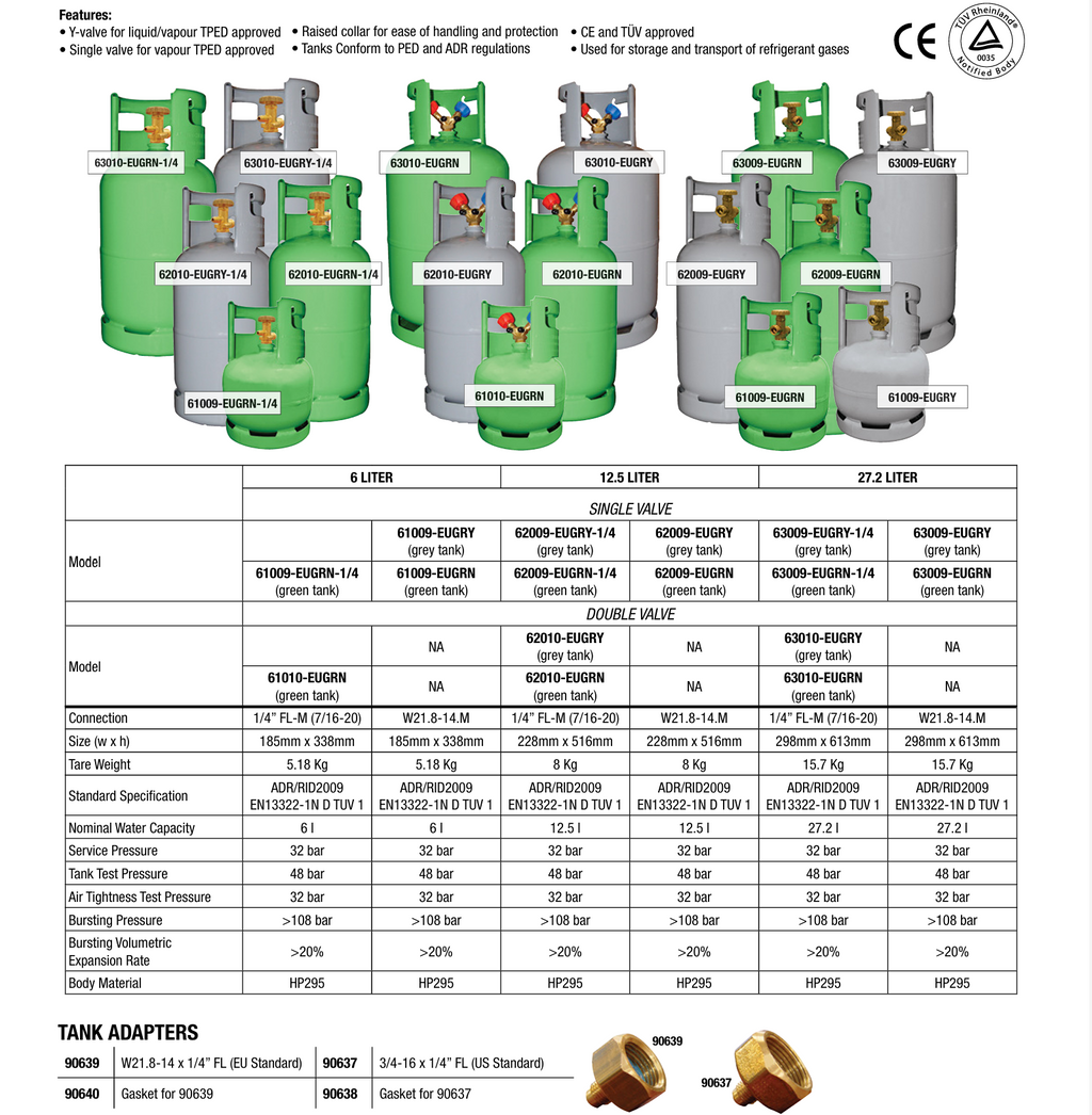 Mastercool 62010-EUGRN 12.5L Refrigerant Recovery Cylinder — Dual Valve, TPED Approved