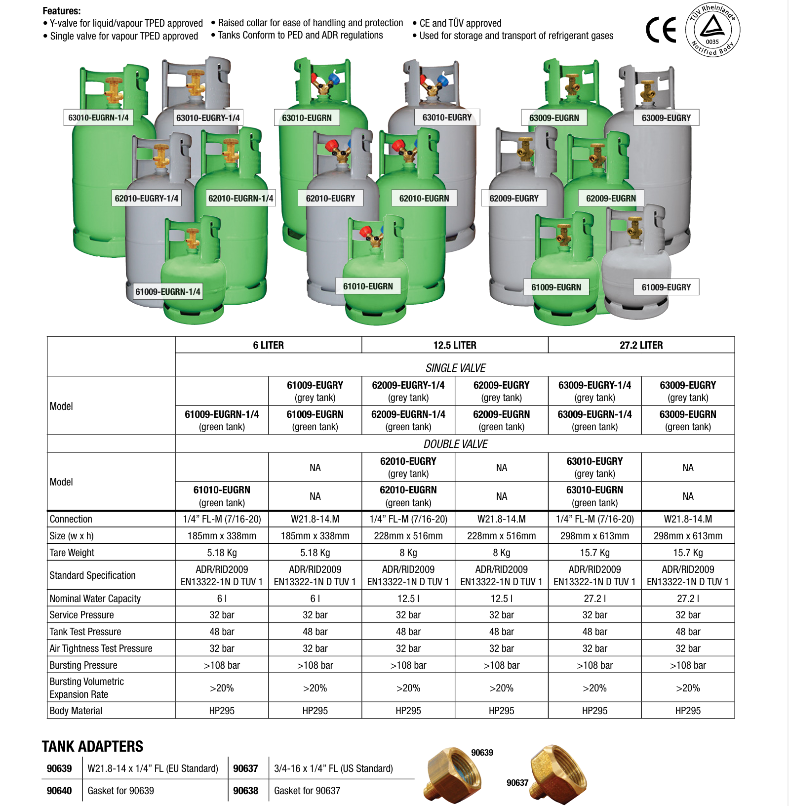 Mastercool 62009-EUGRN 12.5L Recovery Tank Green Single Valve TPED