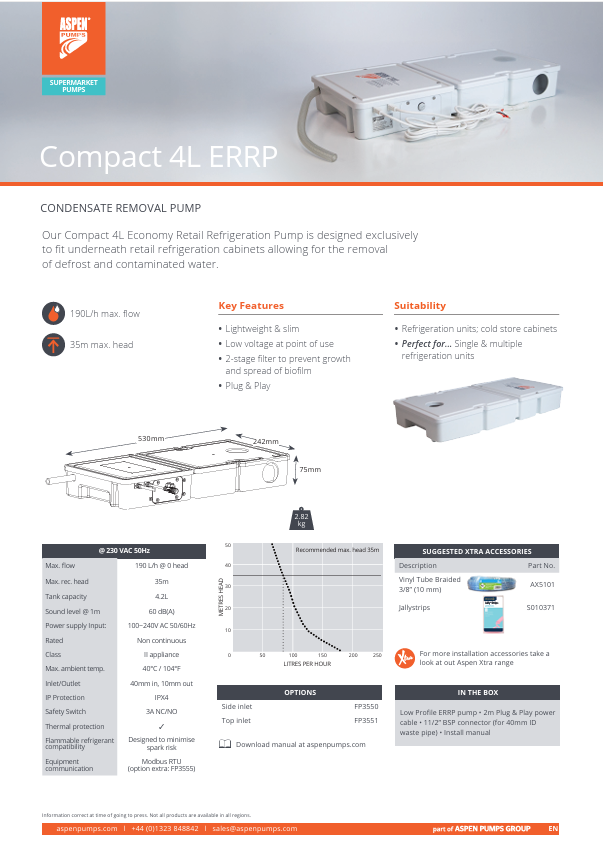 مضخة تصريف المكثفات Aspen FP3551 Compact 4L ERRP | 190 لتر/ساعة | ارتفاع رفع 35 متر | مدخل علوي