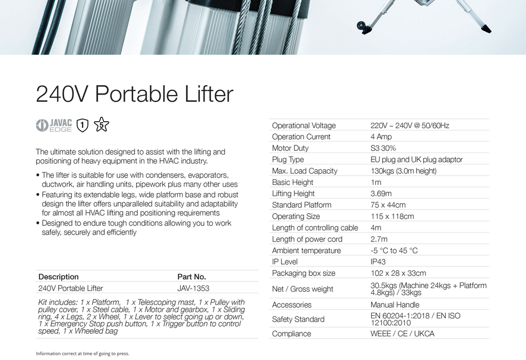 JAVAC Portable Lifter 120kg 3.7m