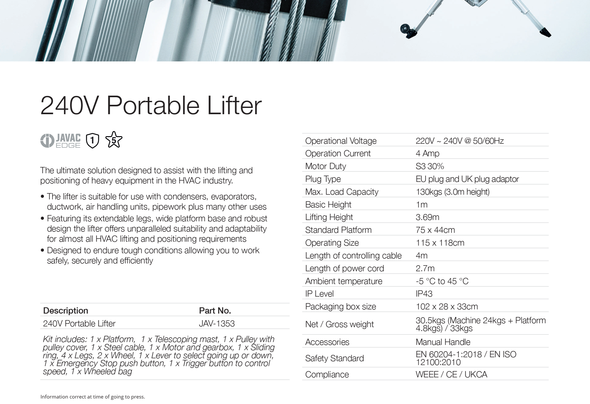 JAVAC Portable Lifter 120kg 3.7m