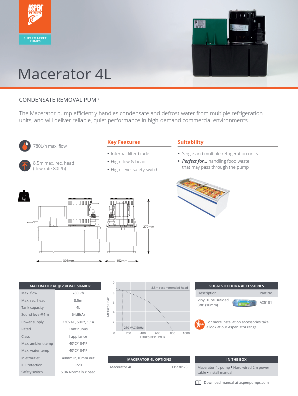 Aspen Macerator FP2305/3 condensate pump technical dimensions diagram